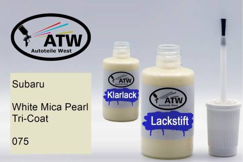 Subaru, White Mica Pearl Tricoat, 075: 20ml Lackstift + 20ml Klarlack - Set, von ATW Autoteile West.